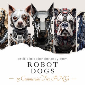Bundle de cliparts chien robot, PNG animal de science-fiction, aquarelle art numérique chien déguisé en personne futuriste cyborg chien Portrait chien mécanique