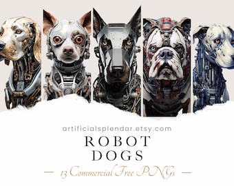 Robot Dog Clipart Bundle, Sci-fi Animal PNG, Watercolor Art Digital Canine Dressed as Person Futuristic Cyborg Dog Portrait Mechanical Dog
