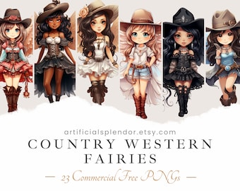 Pakiet clipartów wróżek Country Western Art Digital Cowgirl Angel Butterfly Wings Fairy Country Fairy Girl Nosząca Kapelusz Kowbojski Słodkie Wróżki PNG