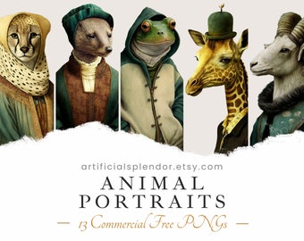 Animal Portrait Clipart Bundle, Watercolor Art, Human Animal PNG, Digital, Animal Dressed as Person, Frog Cat Giraffe Ram Lion Sheep Raven
