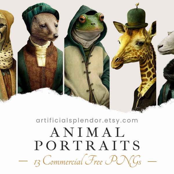 Animal Portrait Clipart Bundle, Watercolor Art, Human Animal PNG, Digital, Animal Dressed as Person, Frog Cat Giraffe Ram Lion Sheep Raven