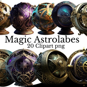 Magic Astrolabe Clipart Bundle, aquarelle PNG, RPG article Art, fond Transparent, Assistant sorcière Fantasy élément, Instrument céleste
