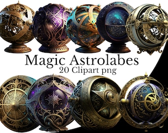 Paquete de imágenes prediseñadas de astrolabio mágico, PNG de acuarela, arte de artículo de rol, fondo transparente, elemento de fantasía de bruja mago, instrumento celestial
