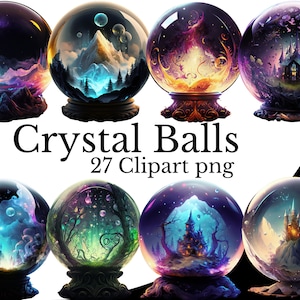 Boule de cristal Clipart Bundle, aquarelle PNG, RPG article Art fond Transparent, élément de Globe de verre, Fantasy château paysage Scrying vue