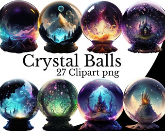 Crystal Ball Clipart Bundle, Watercolor PNG, RPG Item Art Transparent Background, Glass Globe Element, Fantasy Castle Landscape Scrying View