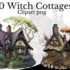 Puede incluir: Un conjunto de 20 imágenes de clipart digitales que presentan casas de brujas caprichosas con detalles intrincados. Las casas se representan en una variedad de estilos, algunas con muros de piedra, techos de paja y jardines exuberantes. Las imágenes son perfectas para agregar un toque de magia a tus manualidades, scrapbooking o diseños digitales.