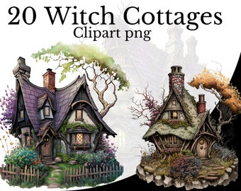 Zestaw clipartów „Witch Cottage”, akwarela PNG, sztuka domku, przezroczyste tło, element domku, rustykalne cliparty, sztuka domku w stylu dark fantasy