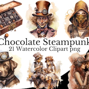 Chocoladebruine Steampunk Clipart Bundel Steampunk Aquarel Kunst Digitale Victoriaanse Steampunk PNG Transparante Achtergrond Gratis Commercieel Gebruik