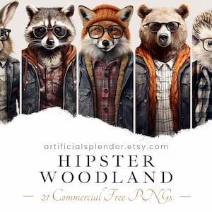 Hipster Waldtier Clipart Bundle Aquarell Waldtier Kunst PNG, digitaler Waschbär als Person gekleidet realistisches Tier trägt Brille