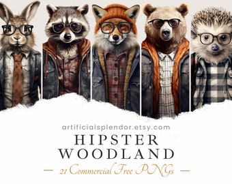 Hipster Woodland Animal Clipart Bundle Watercolor Forest Animal Art PNG, Digital Racoon Dressed as Person Realistic Animal Wearing Glasses