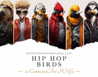 Hip Hop Bird Clipart Bundle, Rapper Cardinal Art, Human Animal PNG, Digital Bird Musician Eagle vestido como persona realista aviar, arte urbano