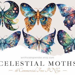 Motte Clipart PNG Bundle Aquarell Celestial Moth Fantasy Sofortiger digitaler Download mystisch wunderlich magische Sterne kostenlose kommerzielle Nutzung Art
