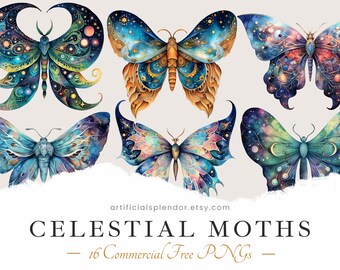 Moth Clipart PNG Bundle Watercolor Celestial Moth Fantasy Instant Digital Download Mystical Whimsical Magical Stars Free Commercial Use Art
