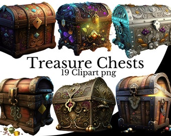 Paquete de imágenes prediseñadas del cofre del tesoro, PNG de acuarela, Fondo transparente de arte de elemento RPG, Cofre pirata de madera, Caja de bloqueo de fantasía mágica Tronco de madera