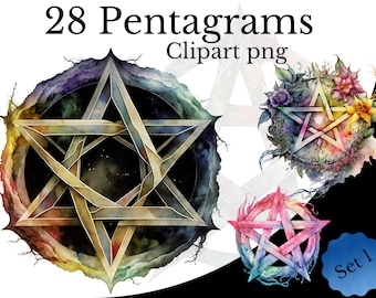 Pentagram Clipart Bundle, Akwarela PNG, Sztuka Gwiazdowego Czarostwa, Przezroczyste Tło, Element Pentagramu, Czarownica Okultystyczna Wiccan Pogańska Magia