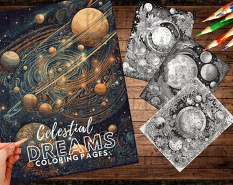 Celestial Dreams Coloring: 12 Unique Space Pages + 3 Bonus Prints | Stars, Planets, Galaxies | Relaxation & Meditation | PDF Download Gifts