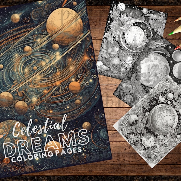 Celestial Dreams Coloring: 12 Unique Space Pages + 3 Bonus Prints | Stars, Planets, Galaxies | Relaxation & Meditation | PDF Download Gifts
