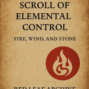 May include: A book cover with a vintage parchment texture. The title "SCROLL OF ELEMENTAL CONTROL" is displayed in bold black letters. Below, it reads "FIRE, WIND, AND STONE." A red circle with a flame graphic is on the right. The text "RED LEAF ARCHIVE" is at the bottom.