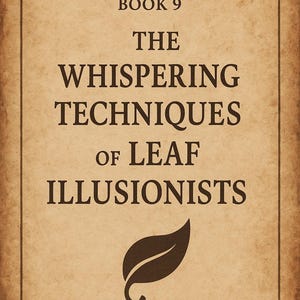 May include: A book cover with a vintage aesthetic. The title reads "The Whispering Techniques of Leaf Illusionists" in dark brown text. The cover also features a leaf illustration and the text "Red Leaf Archive Book 9."