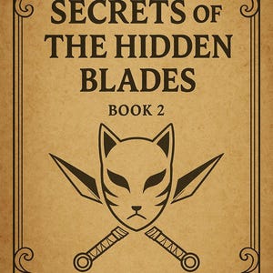 May include: A book cover with the title "Secrets of the Hidden Blades, Book 2" in black text on a tan background. The cover features a stylized cat mask with crossed blades and decorative border.