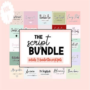 Puede incluir: Un conjunto de 25 fuentes de escritura a mano, titulado "The Script Bundle". La imagen presenta un fondo rosa con varias muestras de fuentes en diferentes colores y estilos, con el texto "VOL 1" en forma floral blanca.