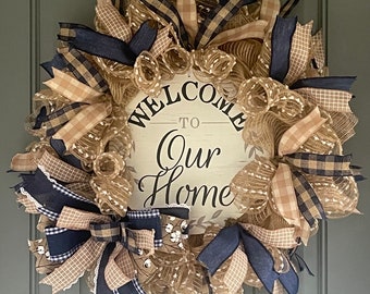 Welcome Wreath, Farmhouse Wreath, Farmhouse Chic Decor, Buffalo Plaid Wreath, Everyday Wreath,  Front Door Wreath, Year Round Wreath
