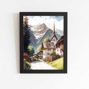 Swiss Alps Watercolor Artwork, Landscape Downloadable Artwork, Mountain Desing Painting, Alps Mountain Village Wall Art, Instant Download