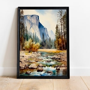 Yosemite Nationalpark Aquarell Malerei, Wandkunst für Naturliebhaber, Landschaftsmalerei Nationalpark Kunstwerk, Yosemite Kunst Leinwand