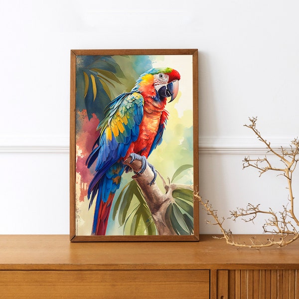 Parrot Watercolor Painting, Wall Art for Home, Parrot Downloadable Print, Tropical Bird Painting, Parrot Canvas, Animal Art