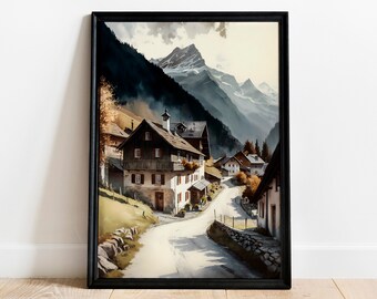 Pintura de acuarela mágica de montaña de los Alpes suizos, obras de arte descargables, pintura de montaña, arte del pueblo de montaña de los Alpes, descarga instantánea