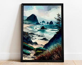 Pittura della costa occidentale dell'Oregon, disegno della spiaggia di arte digitale, pittura fronte oceano, opera d'arte del paesaggio oceanico, arte del download istantaneo, stampa ad acquerello