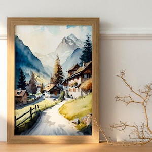 Majestic Swiss Alps Watercolor Painting, Downloadable Artwork, Mountain Desing Painting, Alps Mountain Village Wall Art, Instant Download