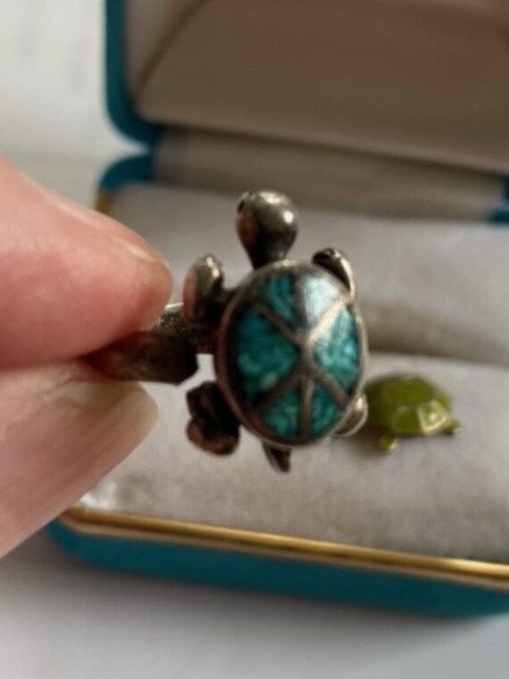 Turtle turquoise metal or silver size 5 with turt… - image 3