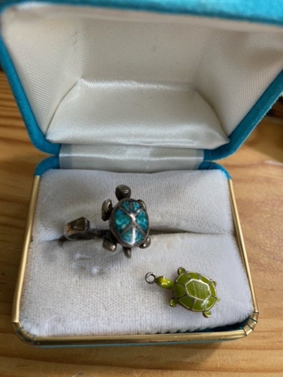 Turtle turquoise metal or silver size 5 with turt… - image 9