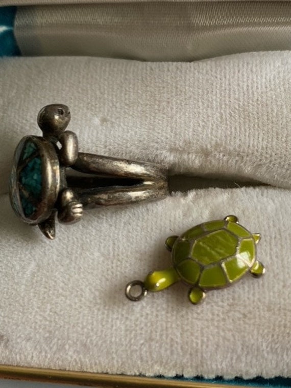 Turtle turquoise metal or silver size 5 with turt… - image 4