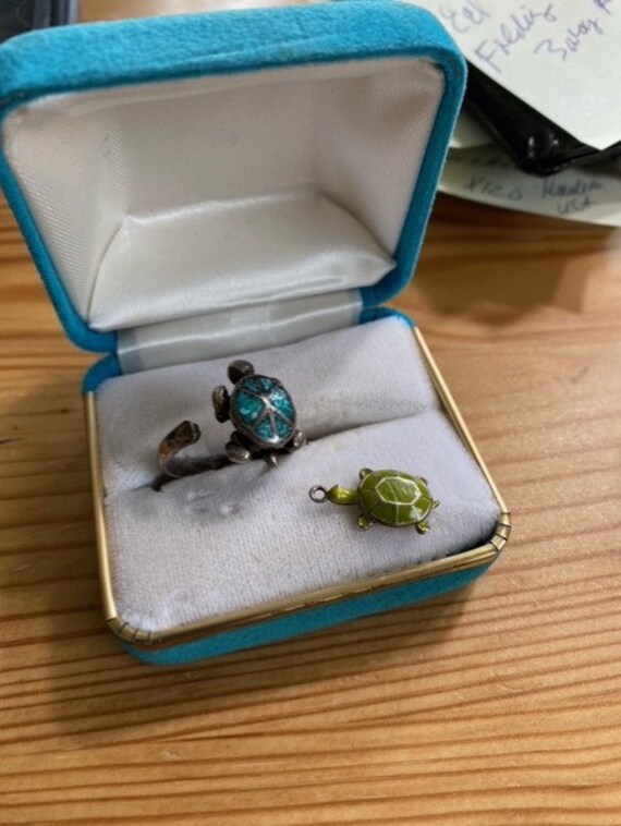 Turtle turquoise metal or silver size 5 with turt… - image 8