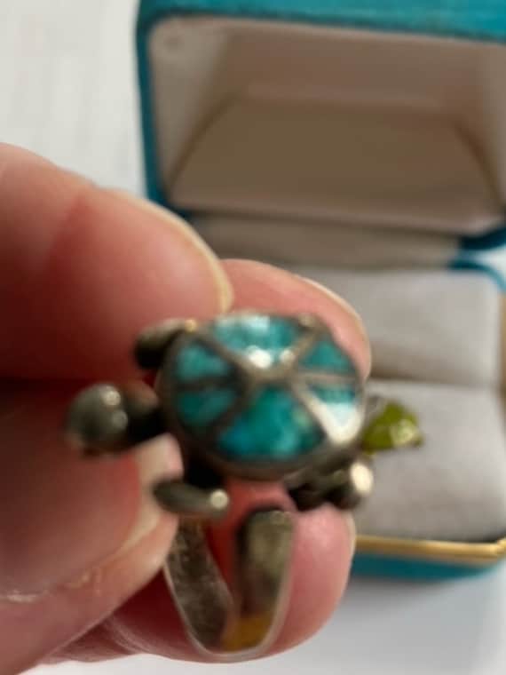 Turtle turquoise metal or silver size 5 with turt… - image 1