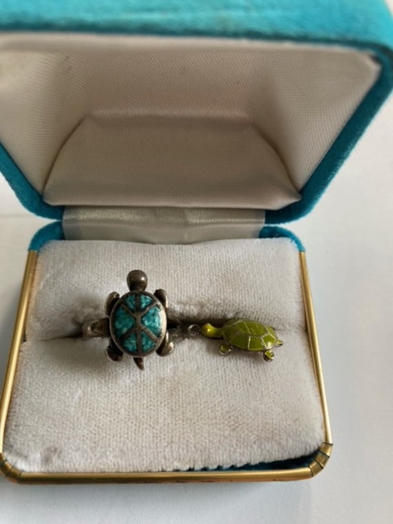 Turtle turquoise metal or silver size 5 with turt… - image 6