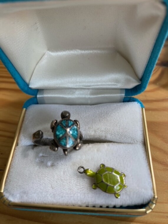Turtle turquoise metal or silver size 5 with turt… - image 7
