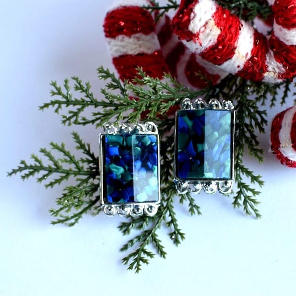 1950s Blue & Green Confetti Lucite Clip-On Earrings | Signed PAM