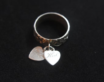 Vintage Forget Me Not Floral Sterling Silver Ring w/ Engraved Dangle Heart Charms