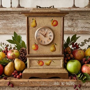 May include: A wooden mantel clock with a distressed finish, adorned with painted apples and pears. The clock face has Roman numerals. Fresh fruit and greenery surround the clock, creating a rustic, farmhouse aesthetic.