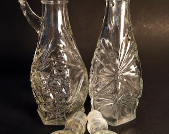 Set of 2 1940s -1970s Anchor Hocking Prescut Clear 7.75" Cruets w Stopper