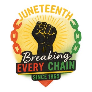 Peut inclure: Graphisme pour le Juneteenth avec un poing noir brisant une chaîne. Le design comprend le texte "Juneteenth" en jaune, "Breaking Every Chain" en blanc et "Since 1865" en vert, rouge et jaune. Style vintage.