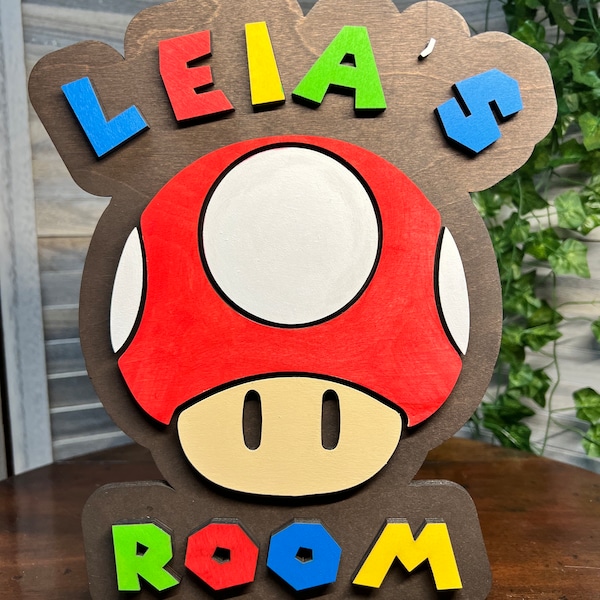 Handcrafted Mario Mushroom logo Name Sign gift for kids bedroom Door with customizable Letters and Child’s name