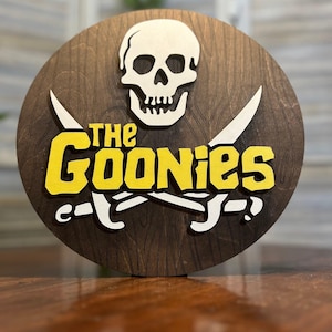 The Goonies Home Decor Wall Art Gift for fans of the Movie with Swords and Skulls woodcut Goonies Gift for Movie fans