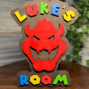 Letrero con el nombre del logotipo de Mario Bowser hecho a mano, regalo para la puerta del dormitorio de los niños con letras personalizables y el nombre del niño.
