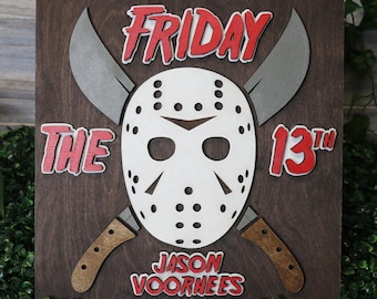 Jason Voorhees Maske Holzschnitt Schild - Freitag der 13te Horror Dekor