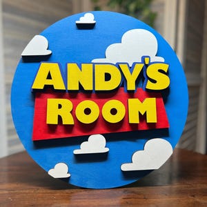 Handcrafted Toy Story Kid&#39;s Room Sign Andy Woody and Buzz Lightyear ToyStory gift for Disney Pixar Movie Fan Gift for Nursery and Bedrooms