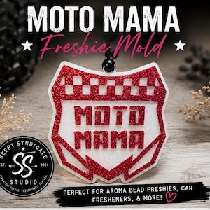 May include: A shield-shaped silicone mold for car air fresheners featuring a red glitter finish with a white border. The text MOTO MAMA is embossed in the center, topped with a checkered pattern. A black bead is attached to the top hanging loop.